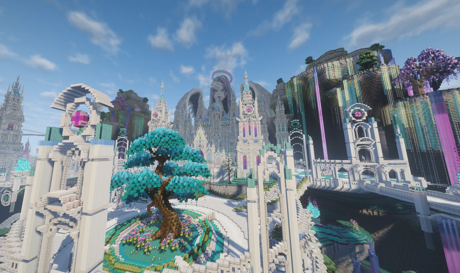 Panoramic view of the Hyperions MC spawn, with marble towers, a circular fountain and a large stylised turquoise tree.