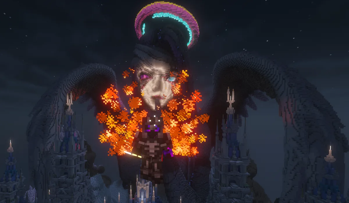 Character with a pair of purple and teal wings, a halo above the head, and a blaze of orange particles surrounding the body.
