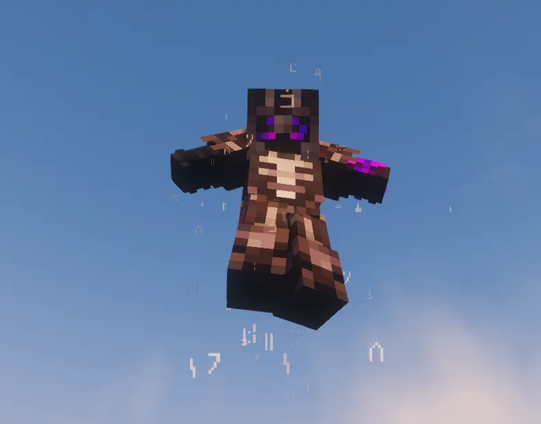 Player floating in the sky surrounded by floating white symbols as a particle effect.