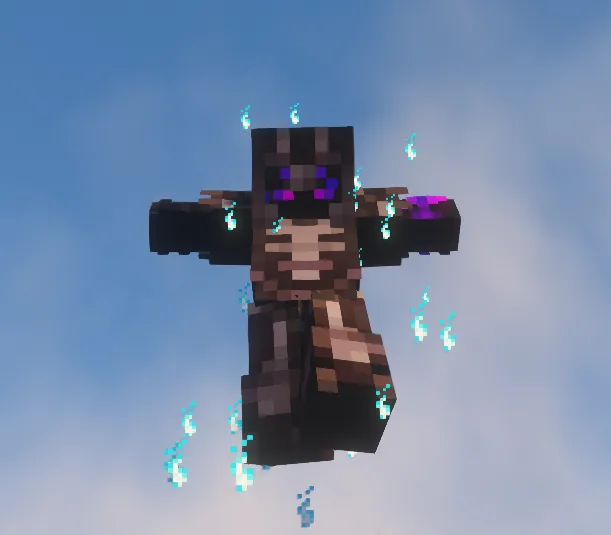 Player floating in the sky with teal water droplets as a particle effect around them.