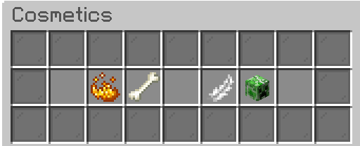 Cosmetics interface with icon slots shaped like a smoking face, a bone, a white feather and a green block.