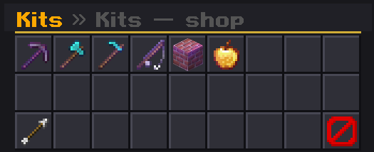 'Kits — shop' category with pickaxes, axes, an enchanted rod, a purple block and a golden apple.