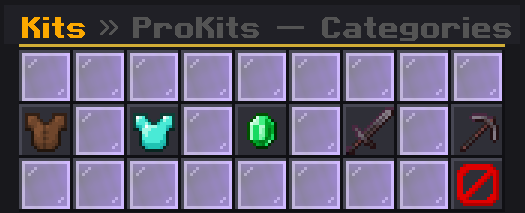Kits menu with the path 'Kits » ProKits — Categories' and slots holding a leather chestplate, a teal one, an emerald, a sword and a pickaxe.