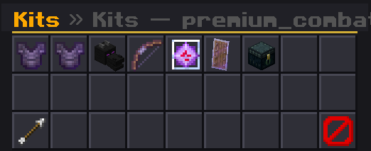 'Kits — premium_combat' category with purple chestplates, a bow, a door and a block with a special icon.