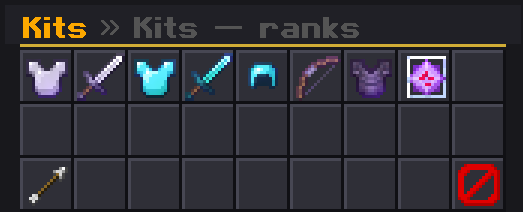 'Kits — ranks' category with chestplates, enchanted swords, a bow and a helmet, each in its own slot.