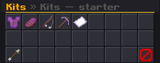 'Kits — starter' category with a purple chestplate, food, a fishing rod, a pickaxe and a piece of paper.