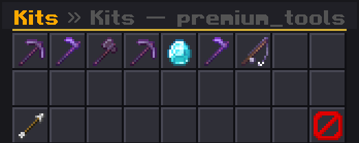 'Kits — premium_tools' category with several purple pickaxes and axes and an emerald among them.