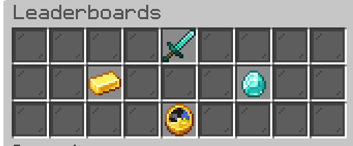 Leaderboards menu with a grid of icons: a sword, a gold ingot and an emerald among others.