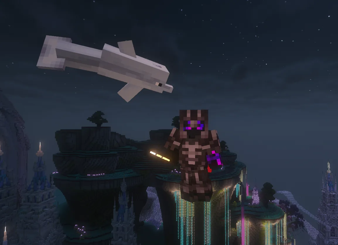A cosmetic dolphin flying next to a player, above a nighttime floating island with castles in the background.