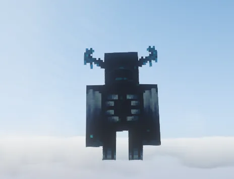 Morph shaped like a dark, horned figure with glowing teal details, standing on top of the clouds.