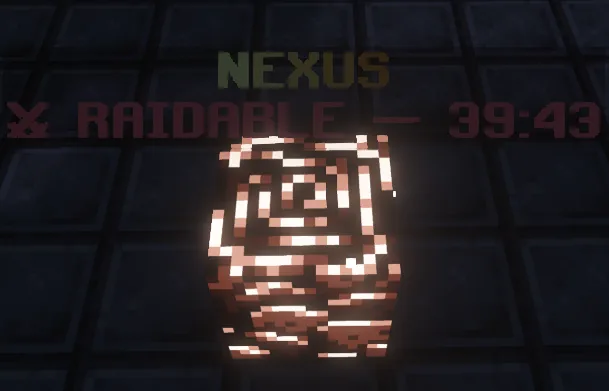 El Nexo brillante con el texto rojo 'RAIDABLE — 39:43' sobre el bloque, indicando el tiempo restante de raideo.
