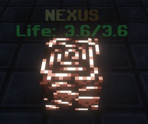El Nexo con el texto 'Life: 3.6/3.6' sobre el bloque, mostrando su vida actual junto al máximo de ese Nexo.