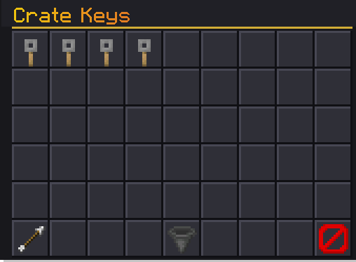 Interfaz de Crate Keys en la tienda, con cuatro llaves en la primera fila y una vara y un embudo abajo.