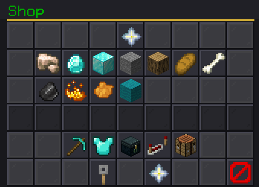 Shop interface with a grid of items grouped by category: ores, blocks, food and tools.
